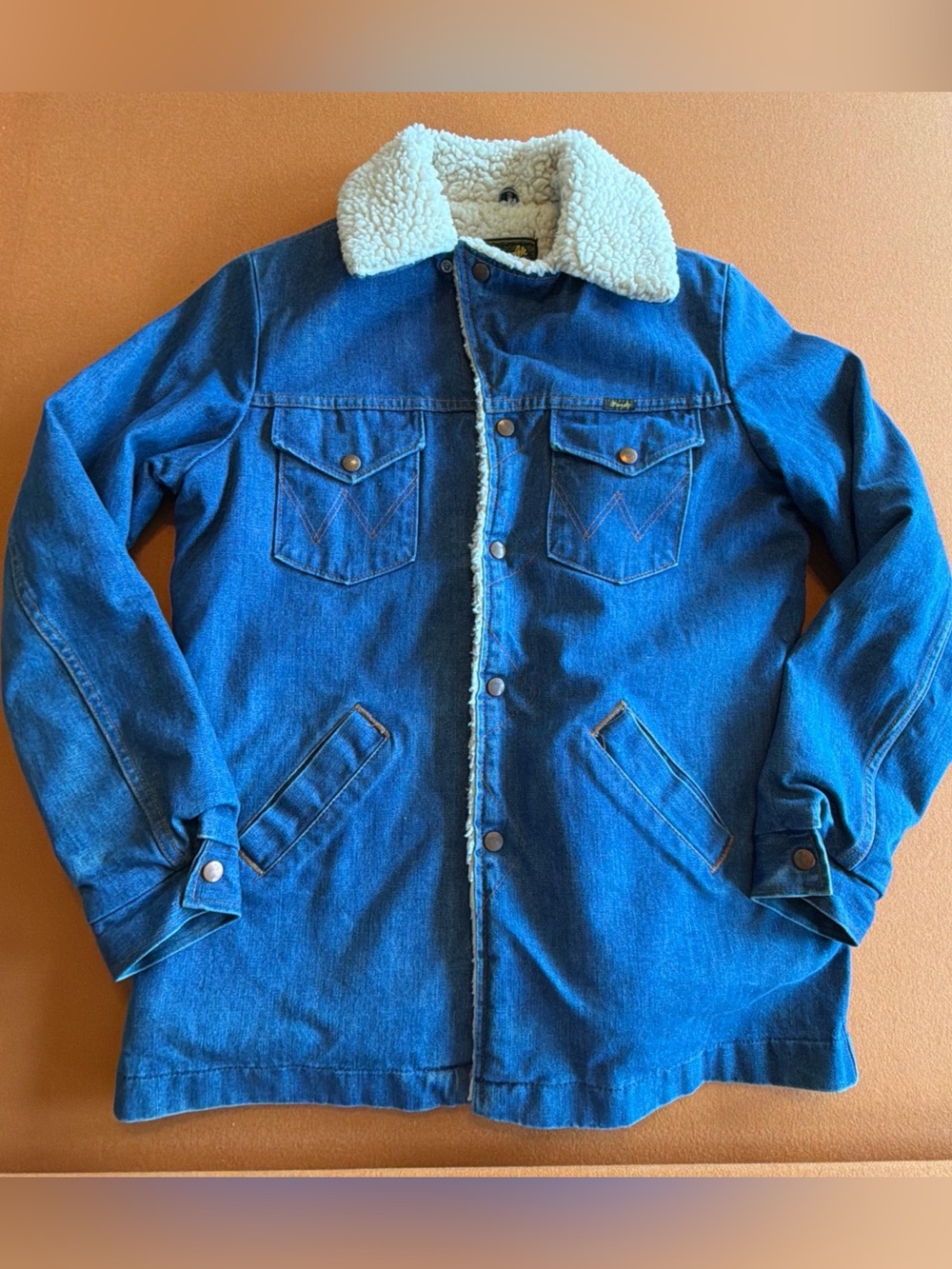 Mens Vintage Wrangler Wrange Denim Coat Sherpa Lined Trucker Snap 70s Medium EUC
